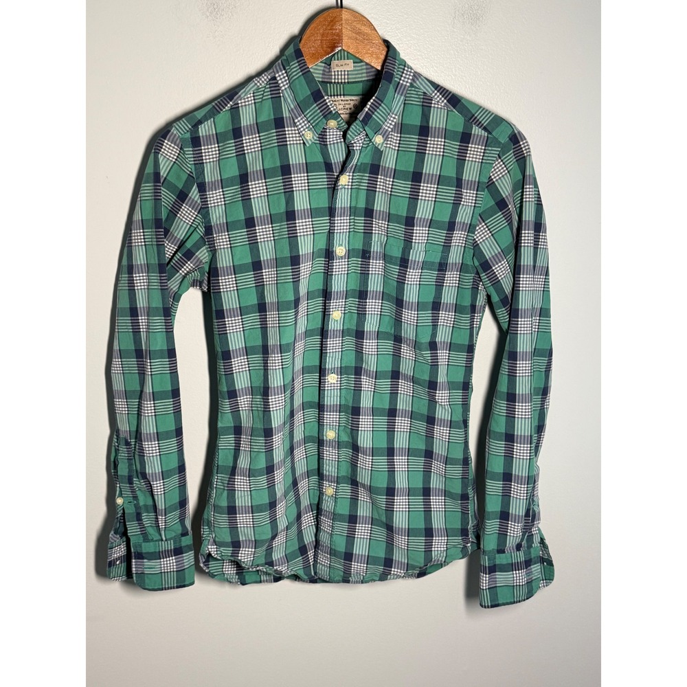 J.Crew Mens XS Slim Fit Plaid Button Down Shirt Green Navy Blue Cotton Woven